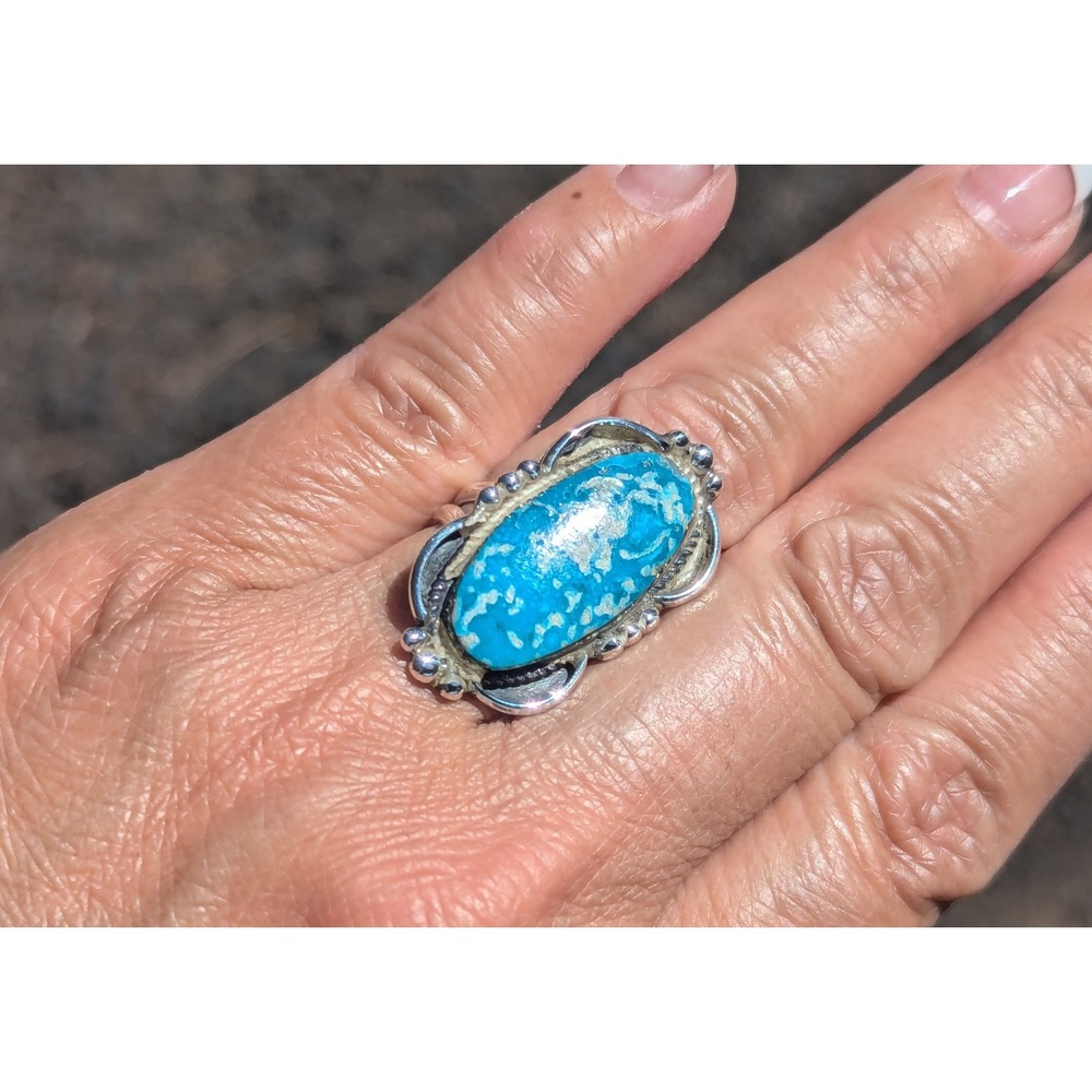 Navajo Silver Ring Handmade Native American Jewelry Turquoise size 7.5 ***